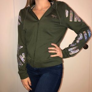 vs pink olive green bling zip up hoodie